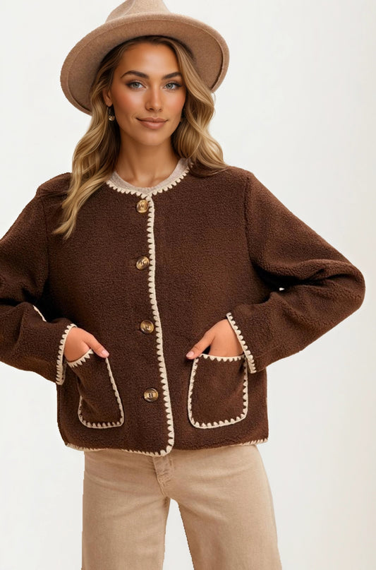 Button Front Fleece Jacket with Contrast Trim and Pockets