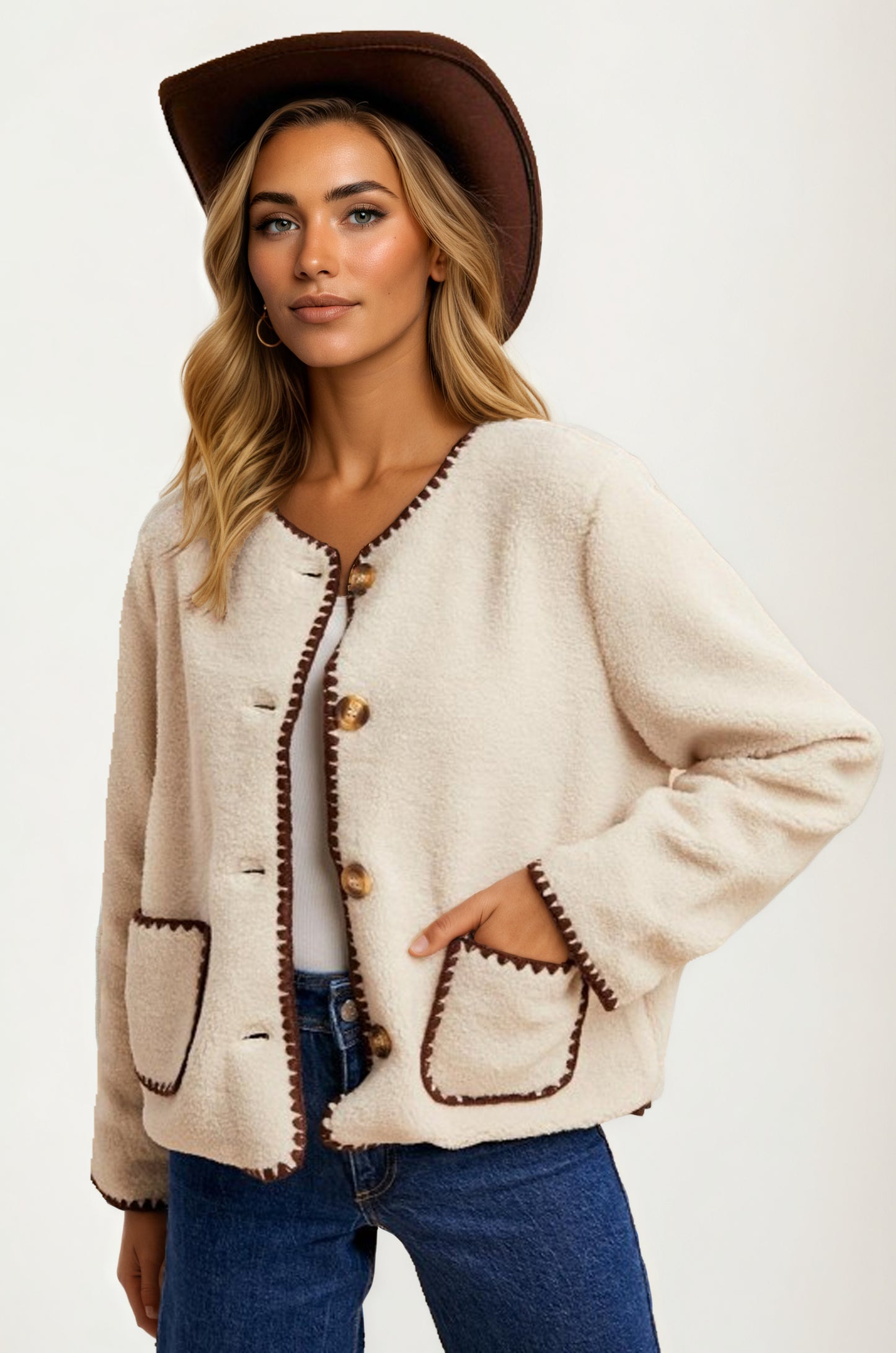Button Front Fleece Jacket with Contrast Trim and Pockets