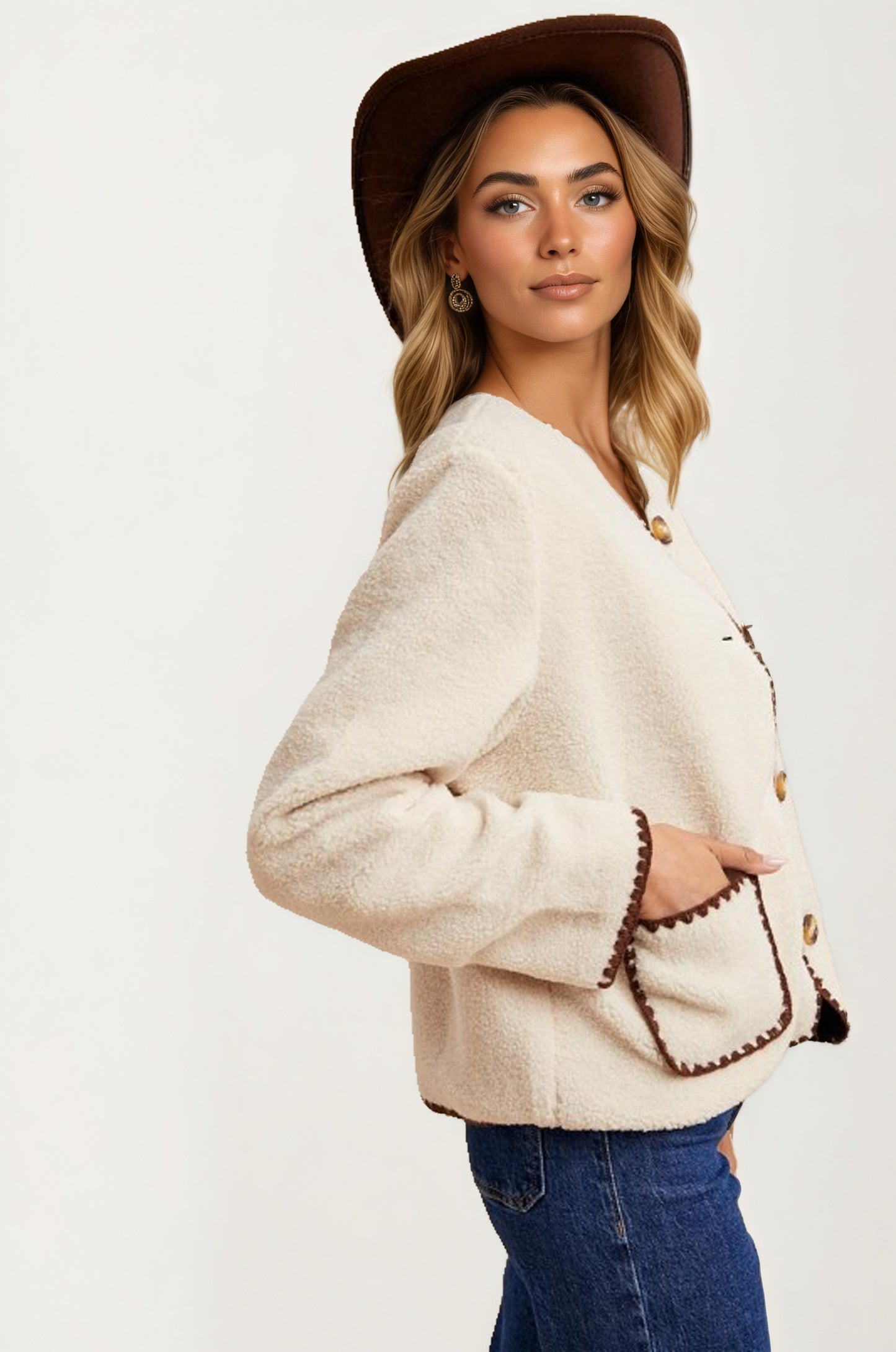 Button Front Fleece Jacket with Contrast Trim and Pockets