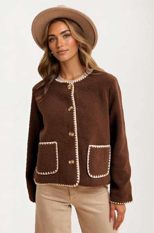 Button Front Fleece Jacket with Contrast Trim and Pockets