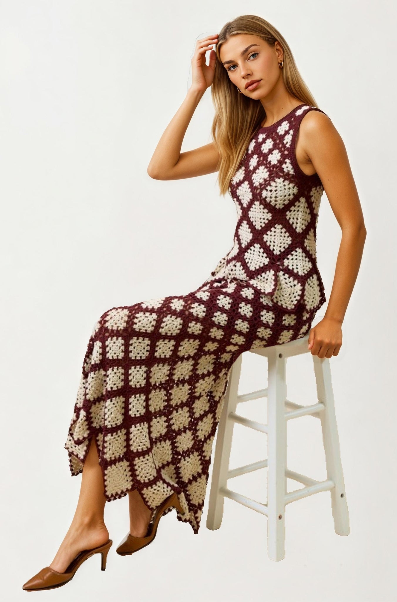 Crochet Diamond Pattern Midi Skirt with Scalloped Hem