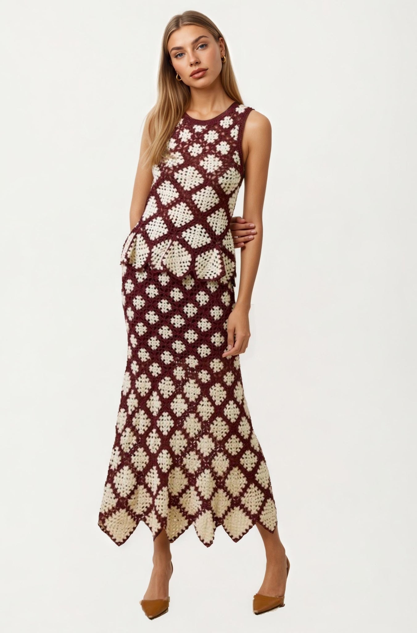 Crochet Diamond Pattern Midi Skirt with Scalloped Hem