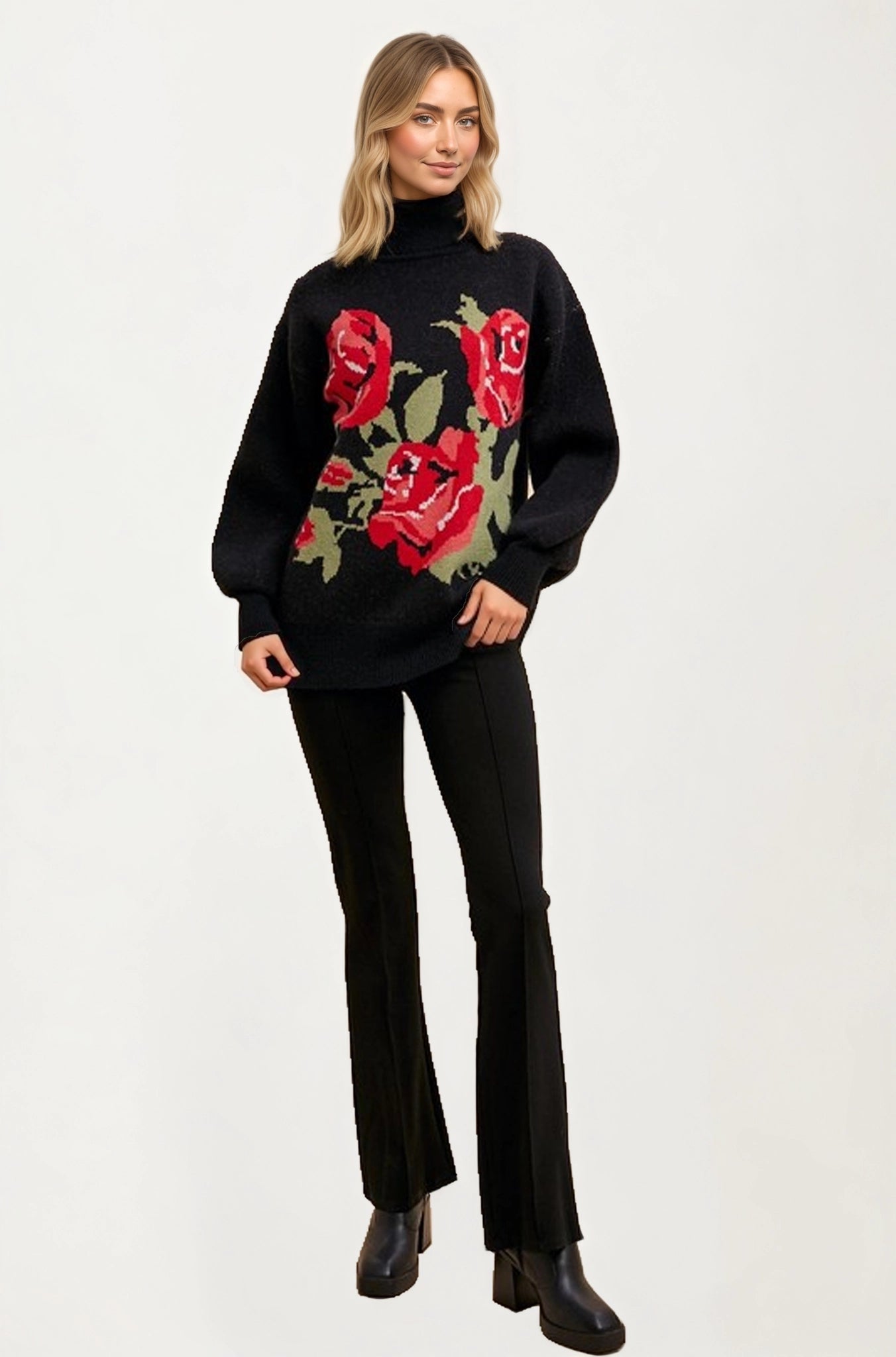 Black Turtleneck Sweater with Bold Red Rose Design