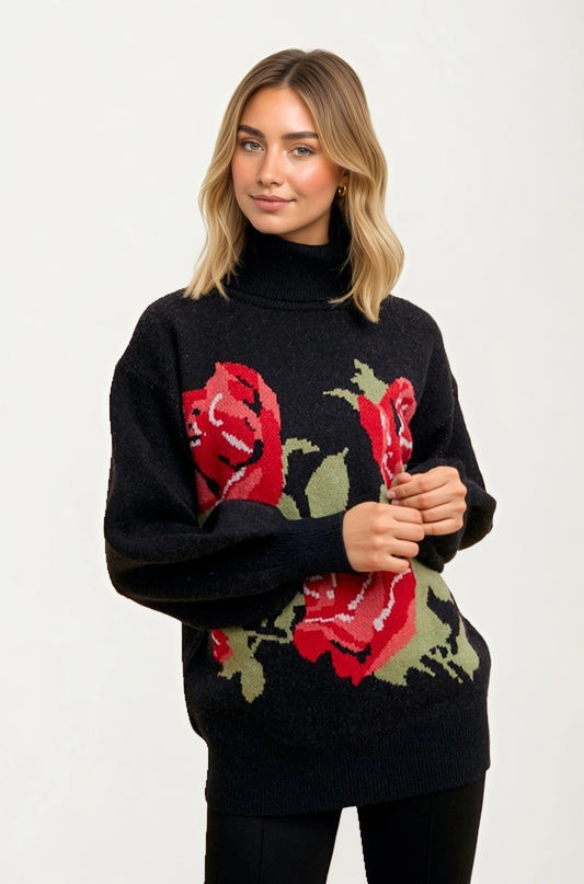 Black Turtleneck Sweater with Bold Red Rose Design