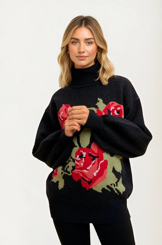 Black Turtleneck Sweater with Bold Red Rose Design