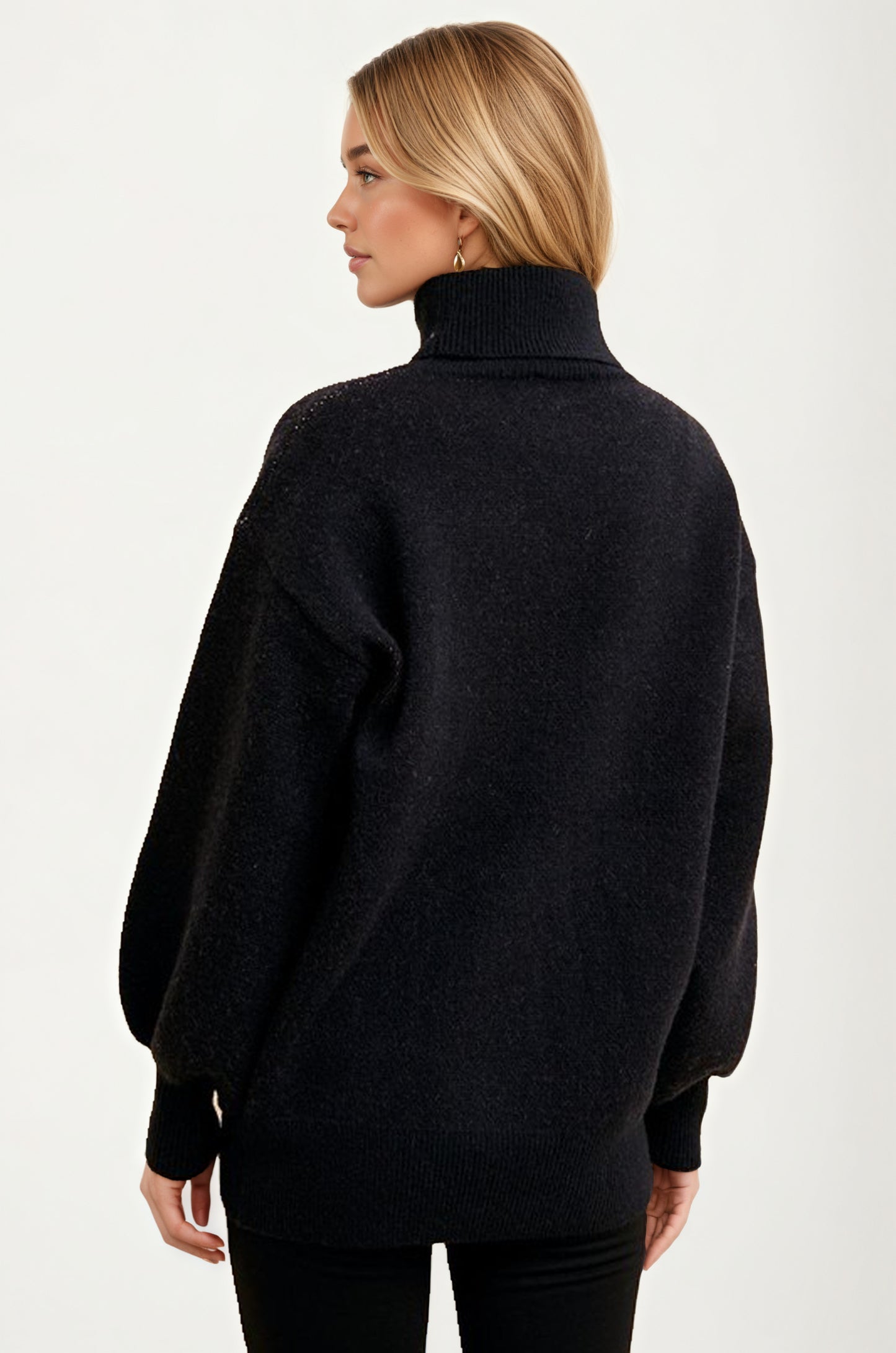 Black Turtleneck Sweater with Bold Red Rose Design