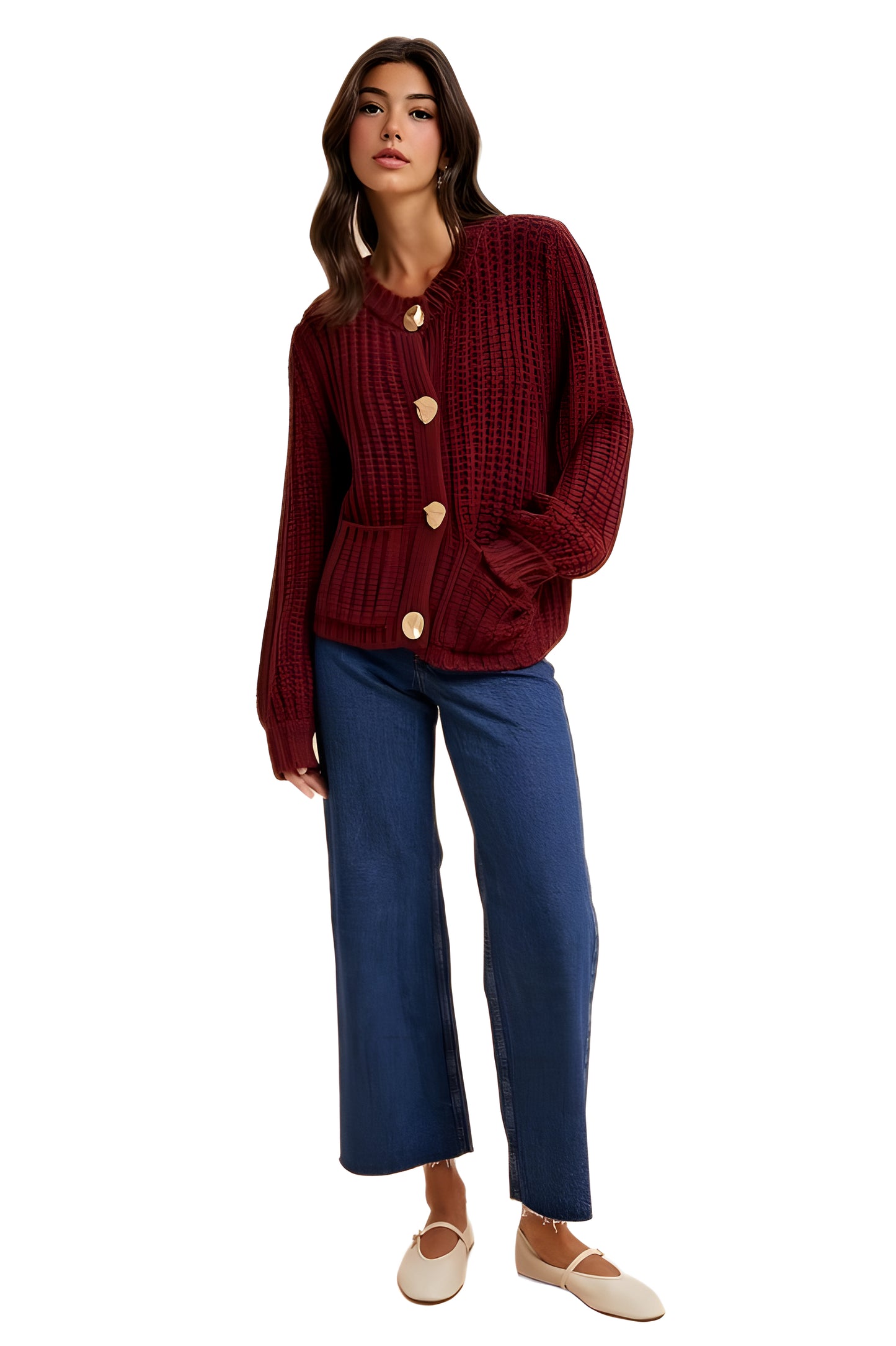 Chunky Wine Red Knit Cardigan with Gold Buttons and Front Pockets