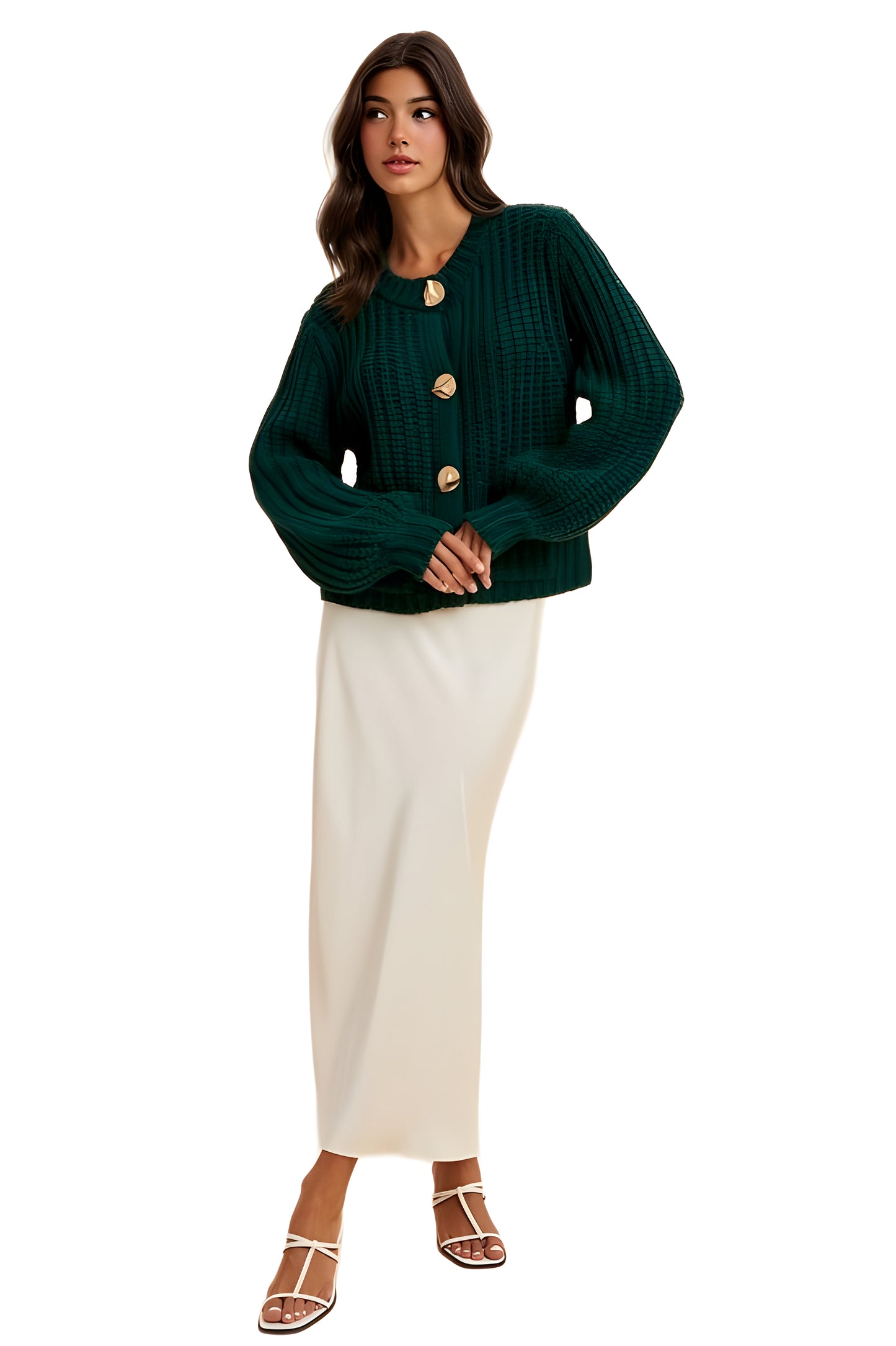 Deep Emerald Chunky Knit Cardigan with Oversized Gold Buttons