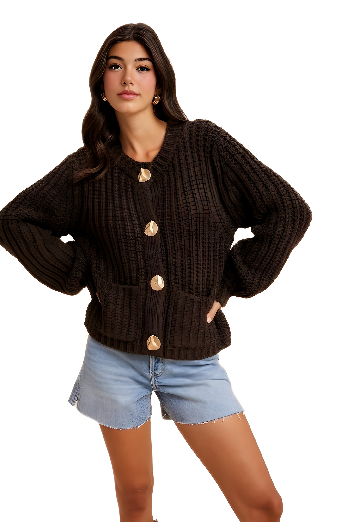 Textured Chunky Knit Cardigan with Gold Statement Buttons