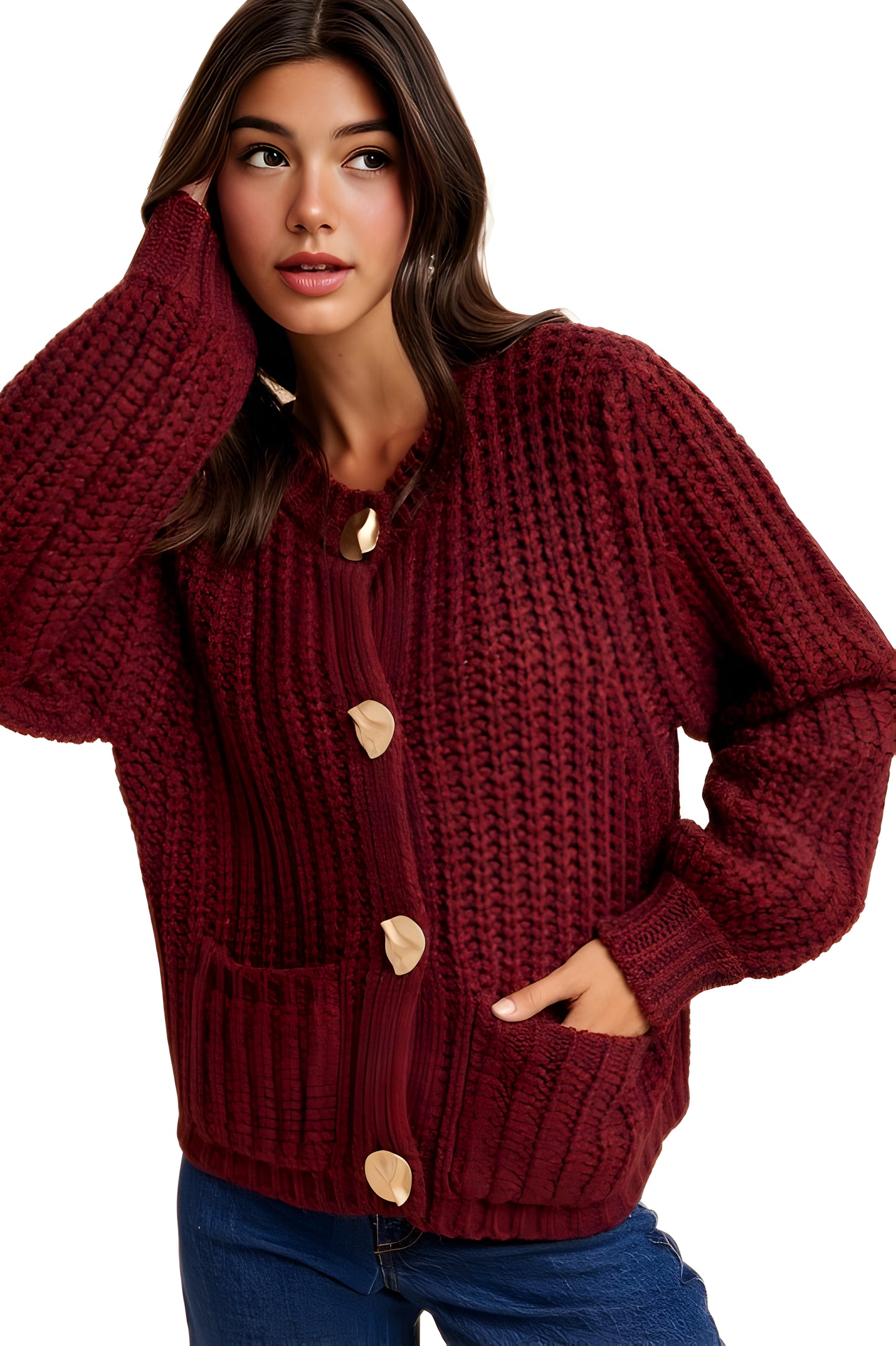 Chunky Wine Red Knit Cardigan with Gold Buttons and Front Pockets