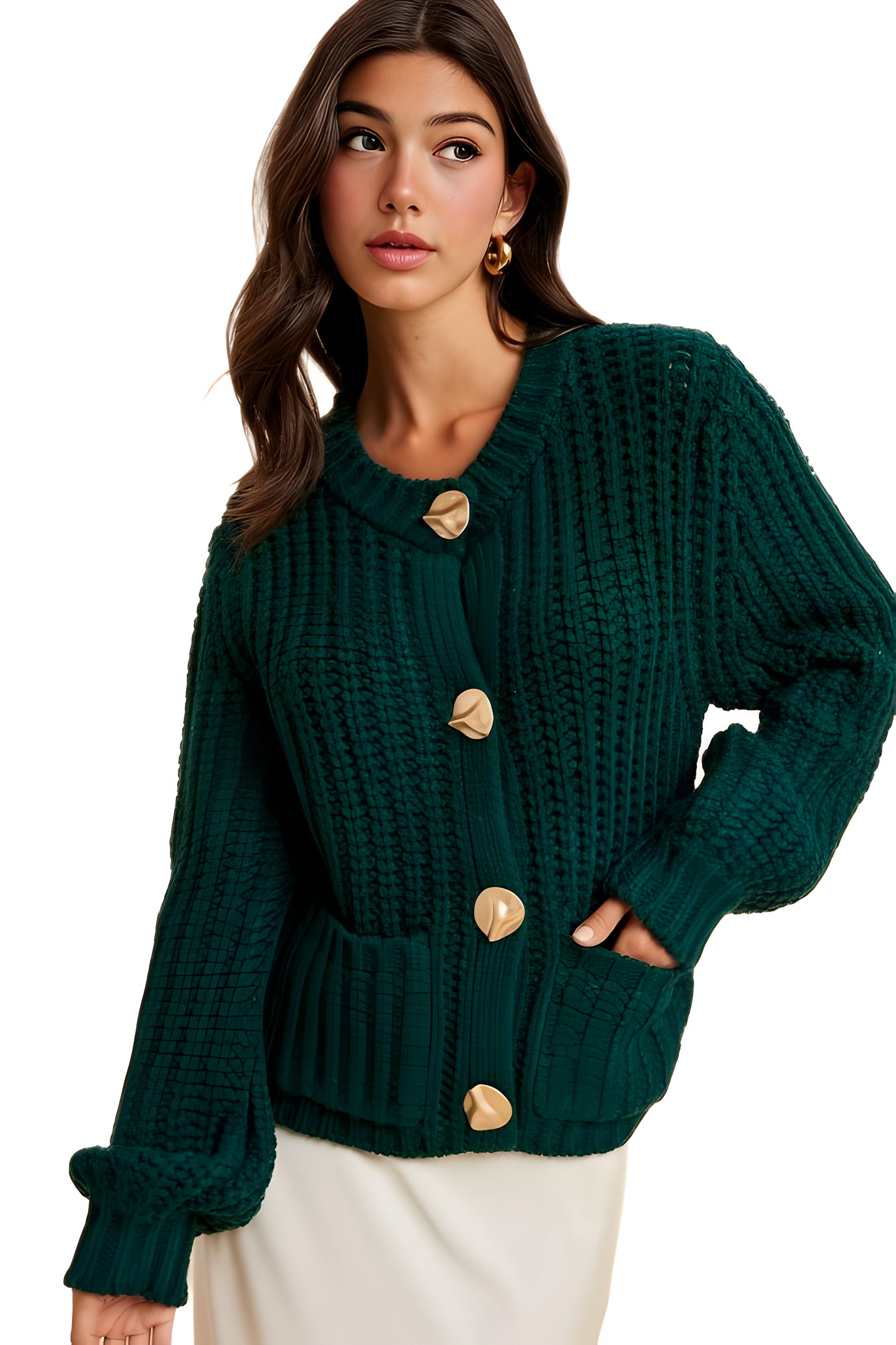 Deep Emerald Chunky Knit Cardigan with Oversized Gold Buttons