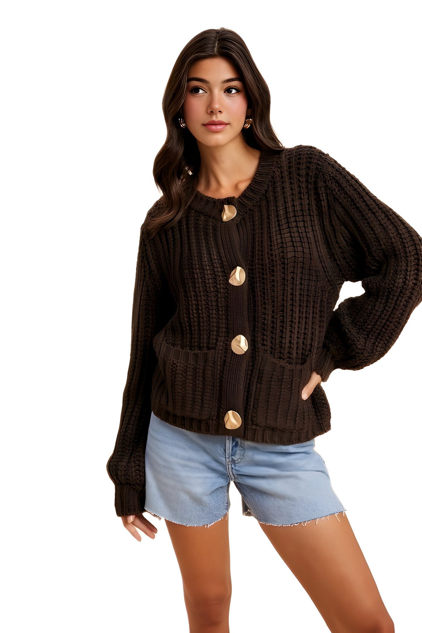 Textured Chunky Knit Cardigan with Gold Statement Buttons
