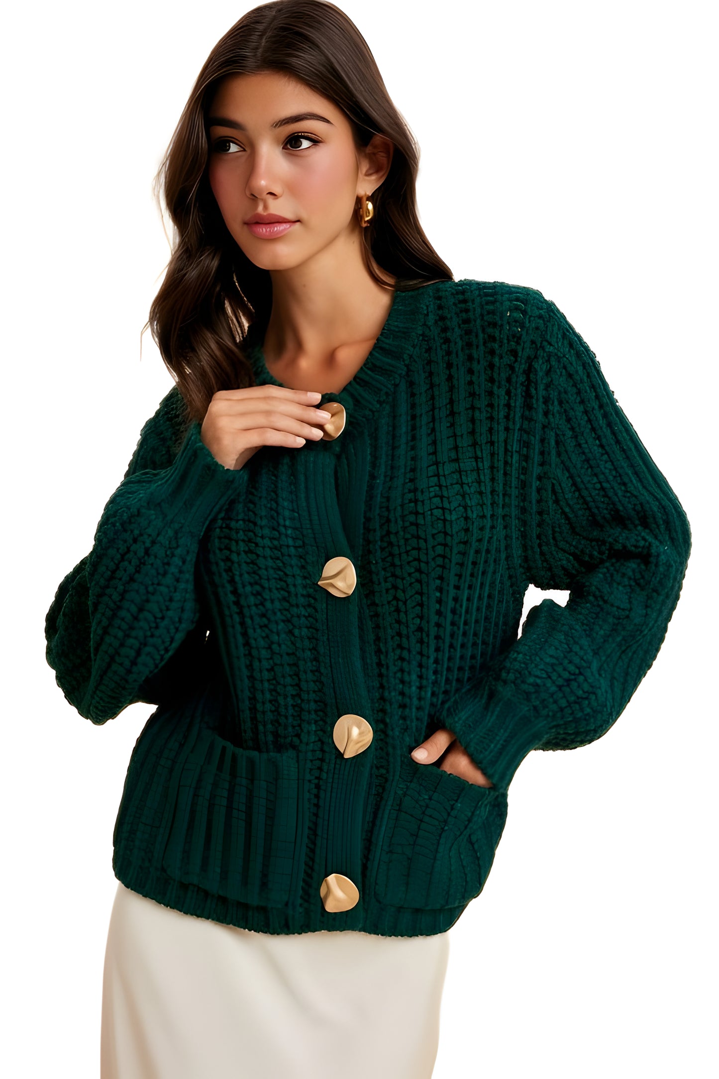 Deep Emerald Chunky Knit Cardigan with Oversized Gold Buttons