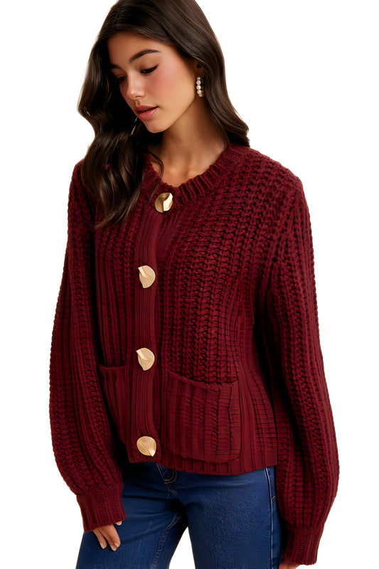 Chunky Wine Red Knit Cardigan with Gold Buttons and Front Pockets