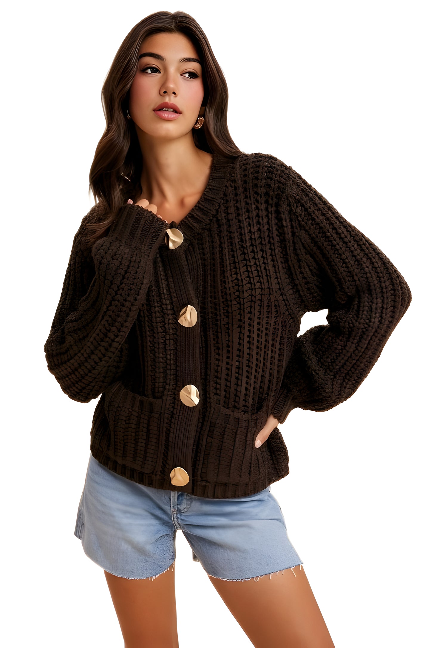 Textured Chunky Knit Cardigan with Gold Statement Buttons