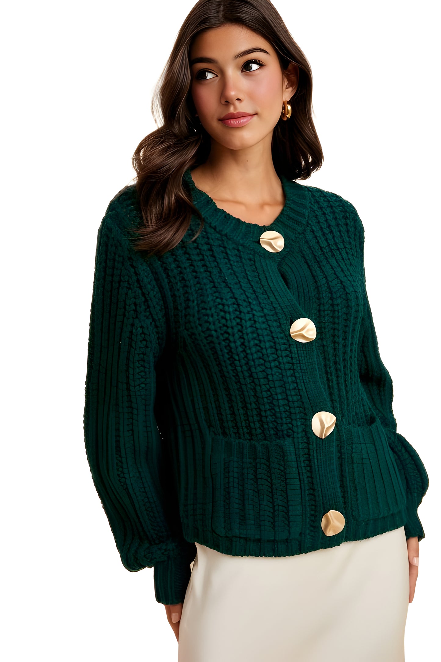 Deep Emerald Chunky Knit Cardigan with Oversized Gold Buttons