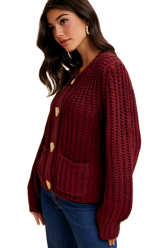 Chunky Wine Red Knit Cardigan with Gold Buttons and Front Pockets
