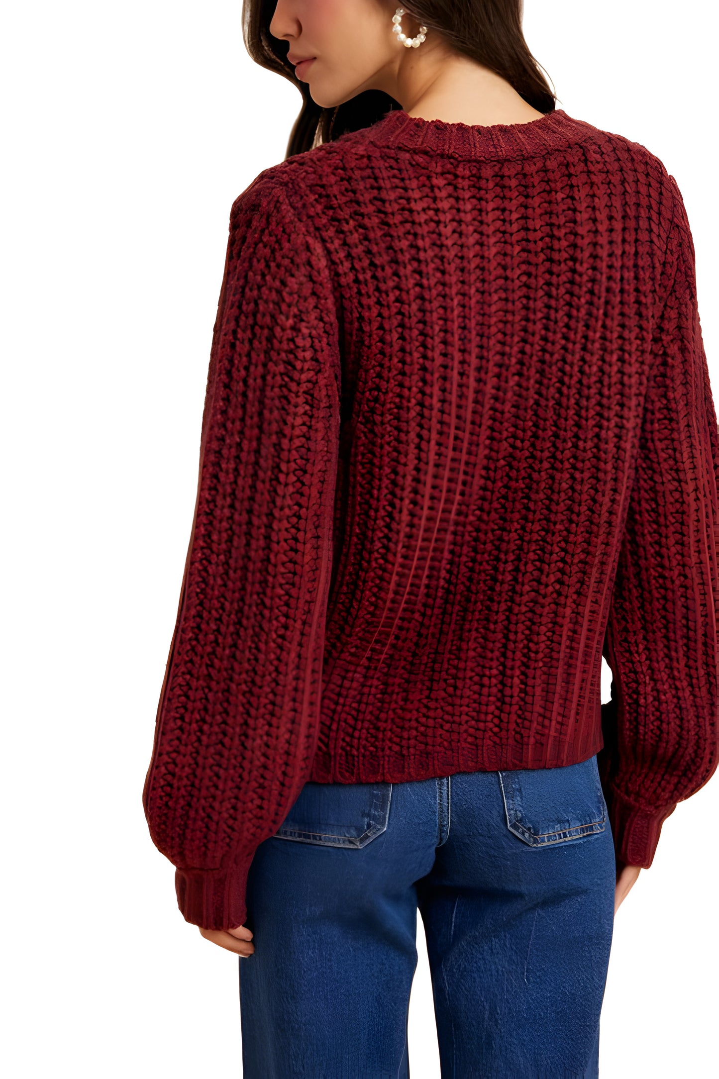 Chunky Wine Red Knit Cardigan with Gold Buttons and Front Pockets