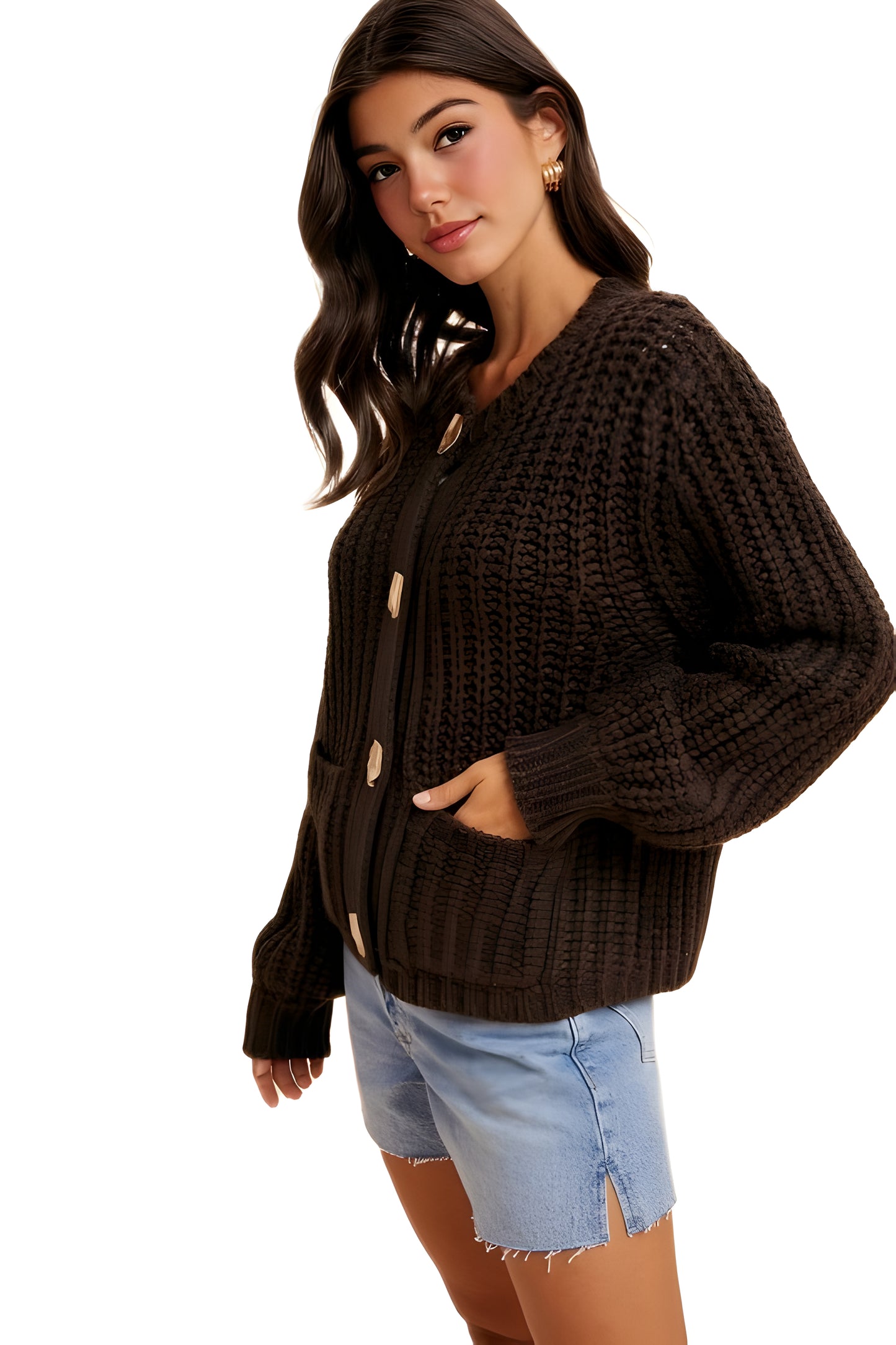 Textured Chunky Knit Cardigan with Gold Statement Buttons