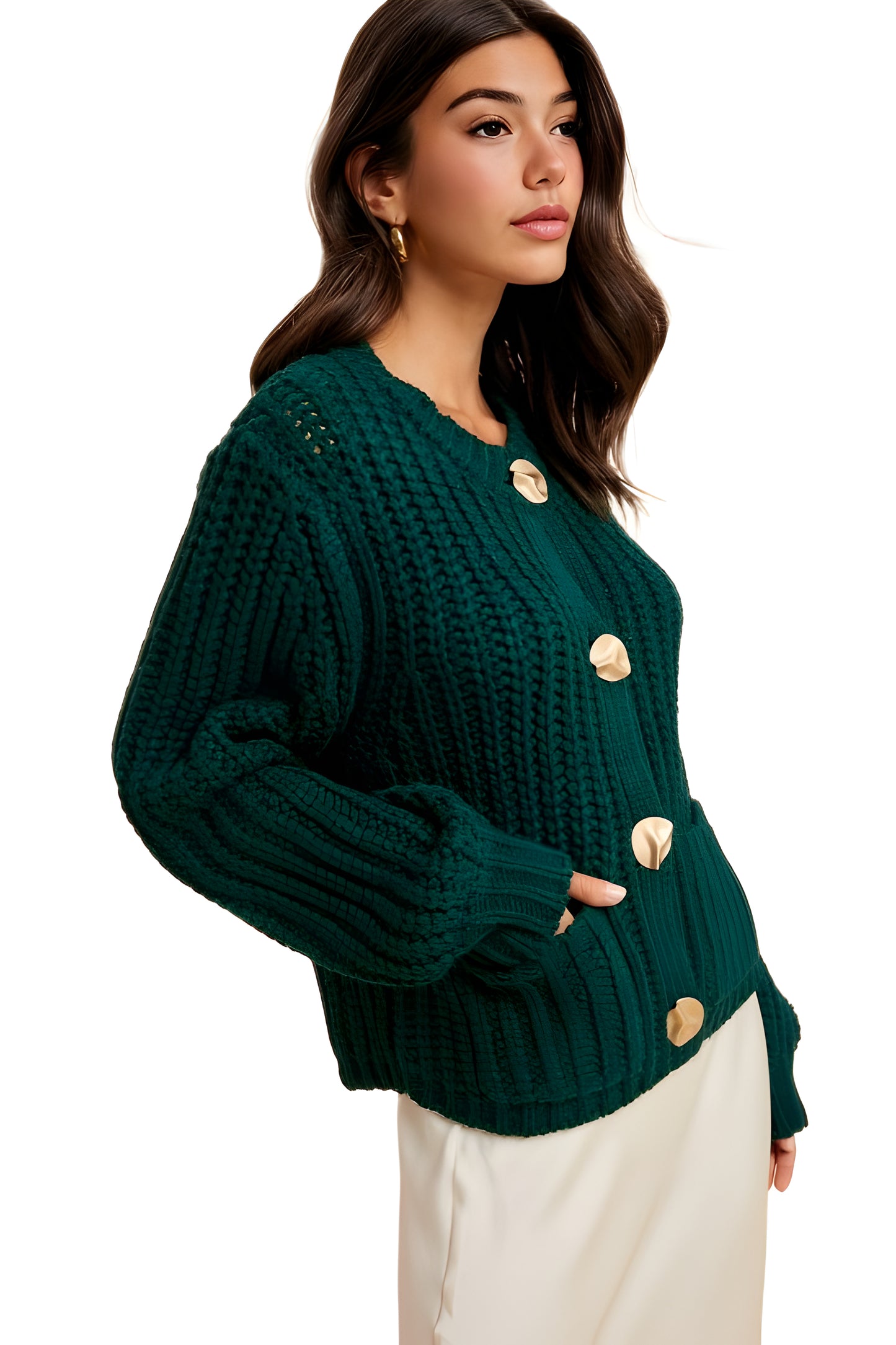 Deep Emerald Chunky Knit Cardigan with Oversized Gold Buttons