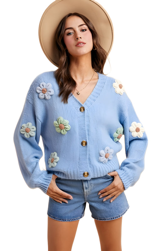Button-Up Pastel Flower Embellished Cardigan