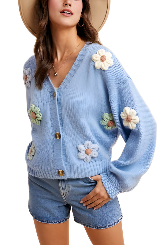 Button-Up Pastel Flower Embellished Cardigan