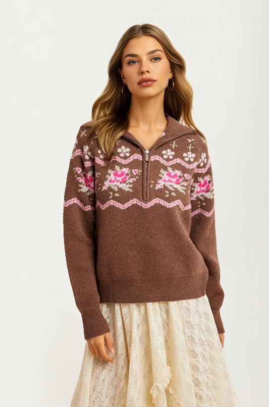 Half-Zip Sweater with Floral Fair Isle Pattern