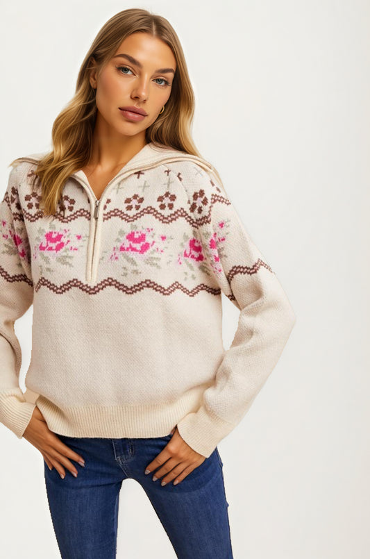 Half-Zip Sweater with Floral Fair Isle Pattern