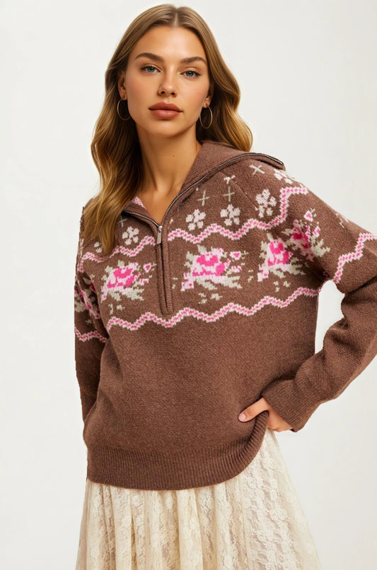 Half-Zip Sweater with Floral Fair Isle Pattern