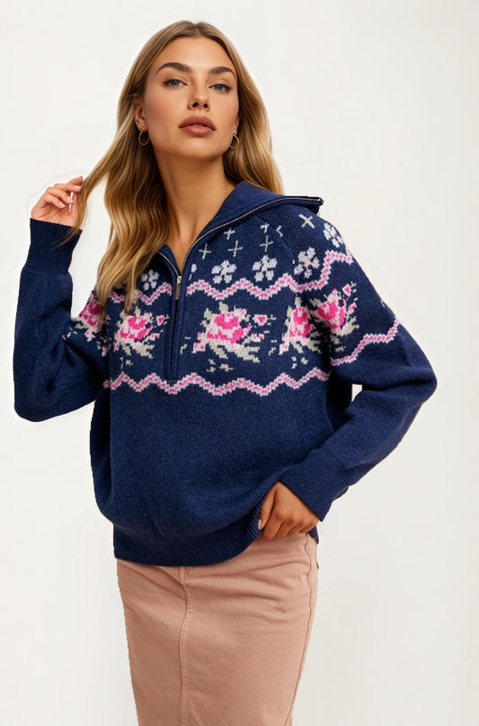 Half-Zip Sweater with Floral Fair Isle Pattern