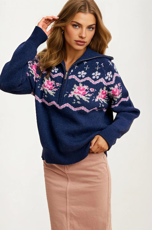 Half-Zip Sweater with Floral Fair Isle Pattern