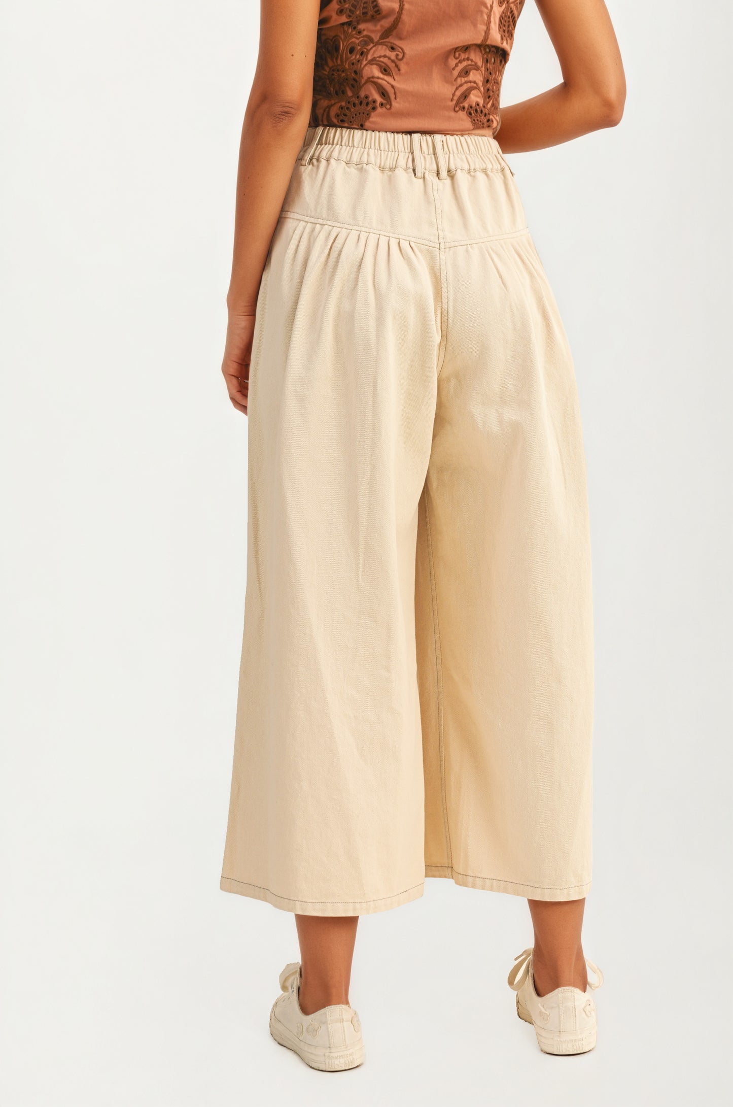 High Waist Wide-Leg Cropped Pants with Button Detail