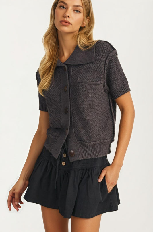 Short Sleeve Textured Knit Cardigan with Spread Collar