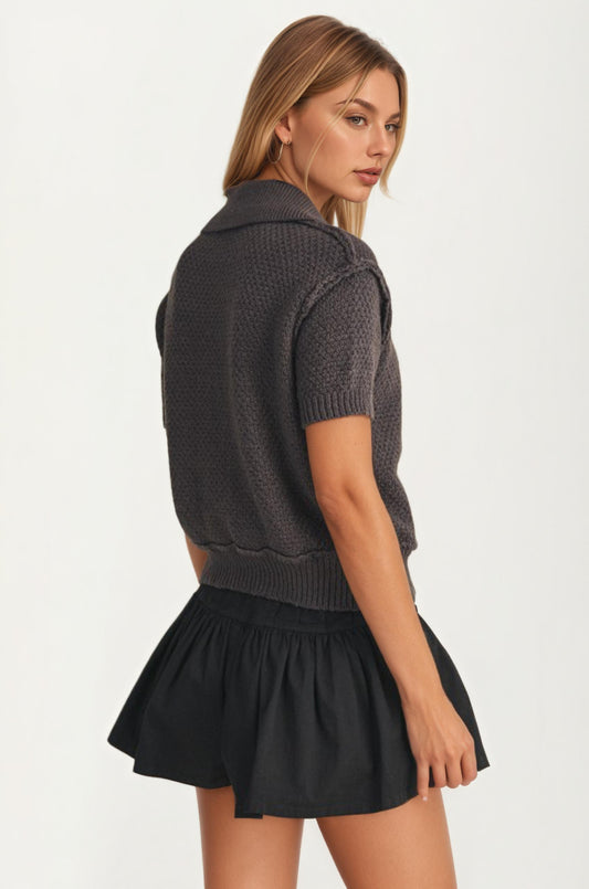 Short Sleeve Textured Knit Cardigan with Spread Collar