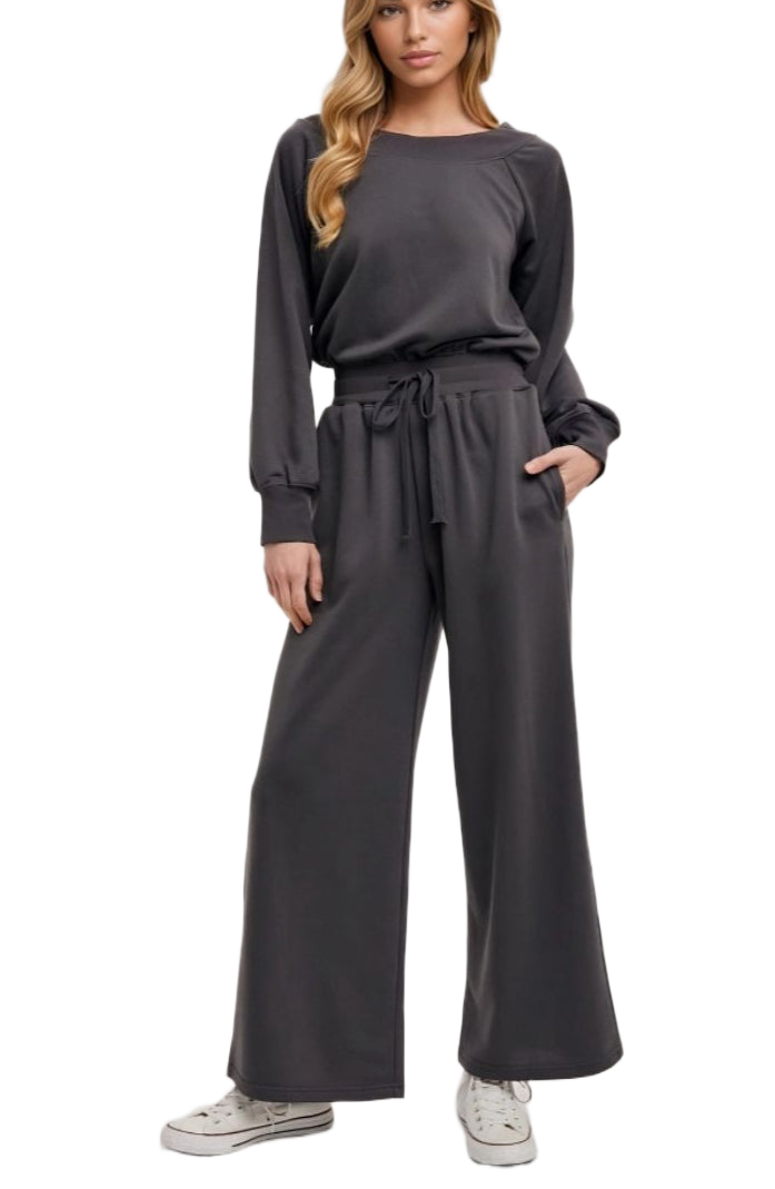 Charcoal Lounge Set Pullover Top Wide Leg Pants Drawstring Waist Soft Knit