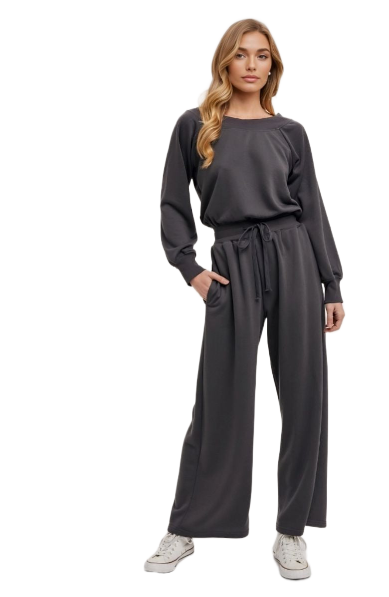 Charcoal Lounge Set Pullover Top Wide Leg Pants Drawstring Waist Soft Knit