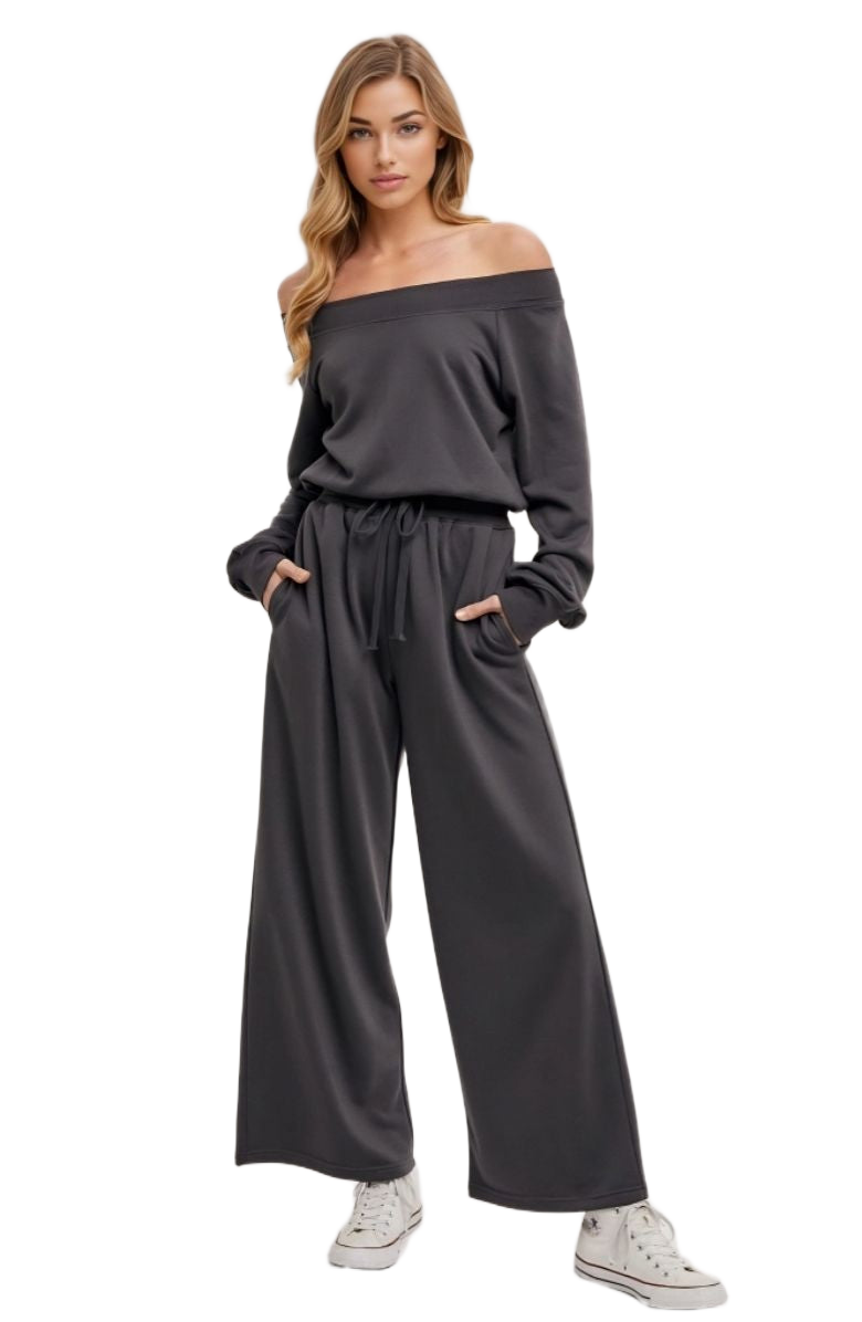 Charcoal Lounge Set Pullover Top Wide Leg Pants Drawstring Waist Soft Knit