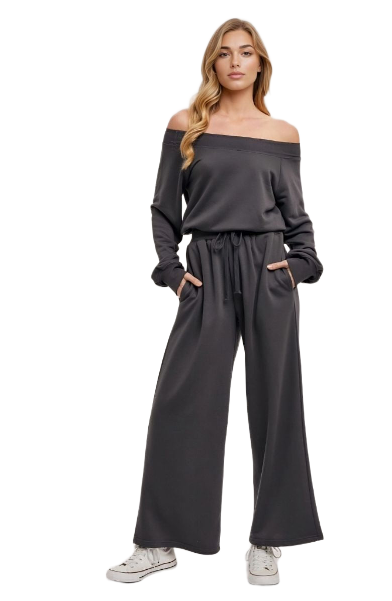 Charcoal Lounge Set Pullover Top Wide Leg Pants Drawstring Waist Soft Knit
