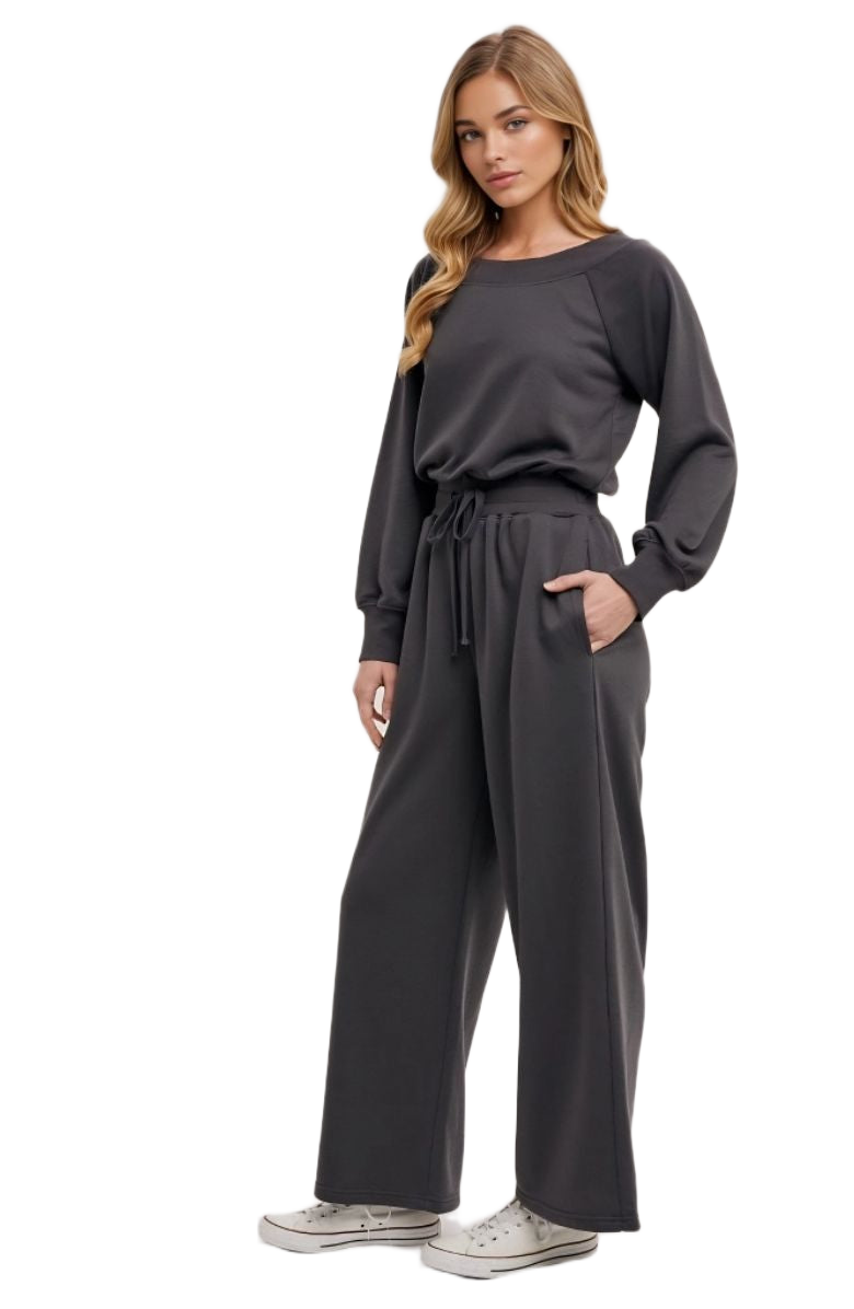 Charcoal Lounge Set Pullover Top Wide Leg Pants Drawstring Waist Soft Knit
