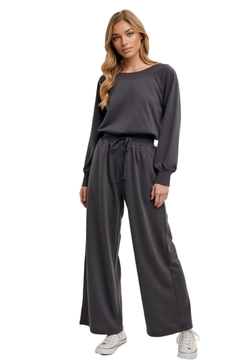 Charcoal Lounge Set Pullover Top Wide Leg Pants Drawstring Waist Soft Knit