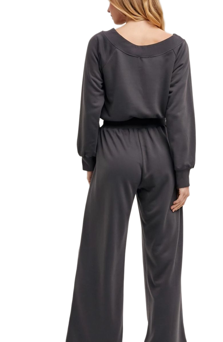Charcoal Lounge Set Pullover Top Wide Leg Pants Drawstring Waist Soft Knit