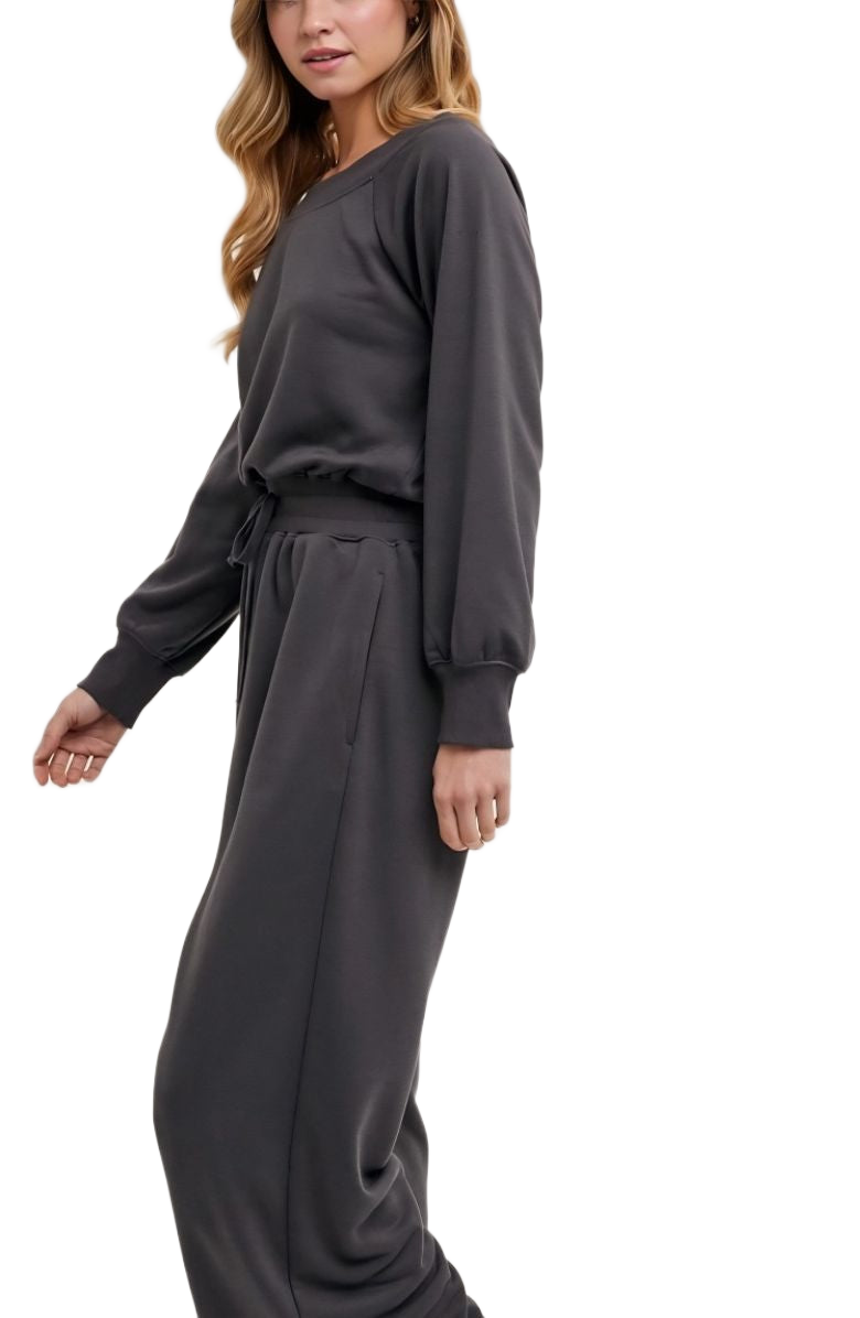 Charcoal Lounge Set Pullover Top Wide Leg Pants Drawstring Waist Soft Knit