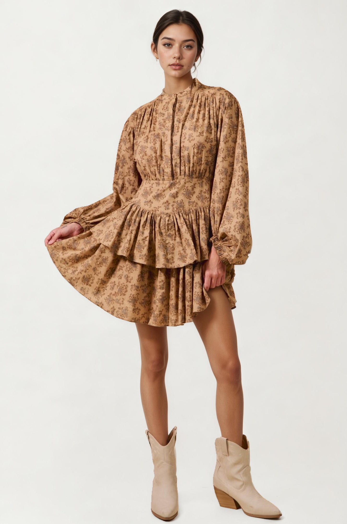 Tiered Long Sleeve Mini Dress with Smocked Waist in Neutral Print