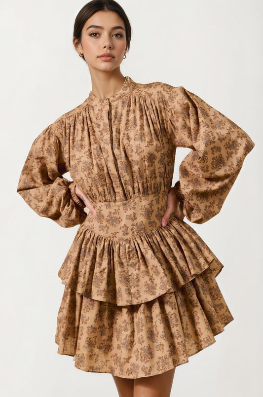 Tiered Long Sleeve Mini Dress with Smocked Waist in Neutral Print