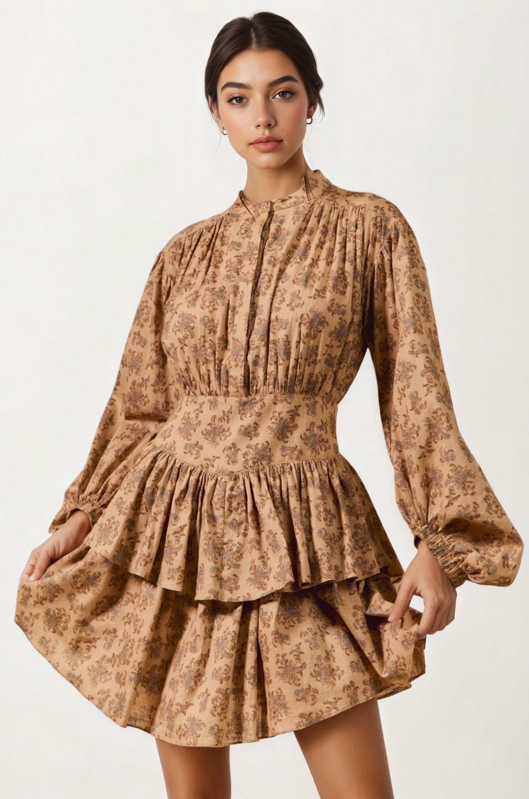 Tiered Long Sleeve Mini Dress with Smocked Waist in Neutral Print Knit and Lounge Tiered Long Sleeve Mini Dress with Smocked Waist in Neutral Print Knit and Lounge