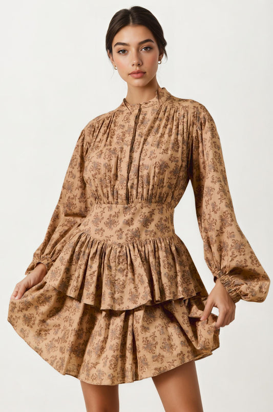 Tiered Long Sleeve Mini Dress with Smocked Waist in Neutral Print