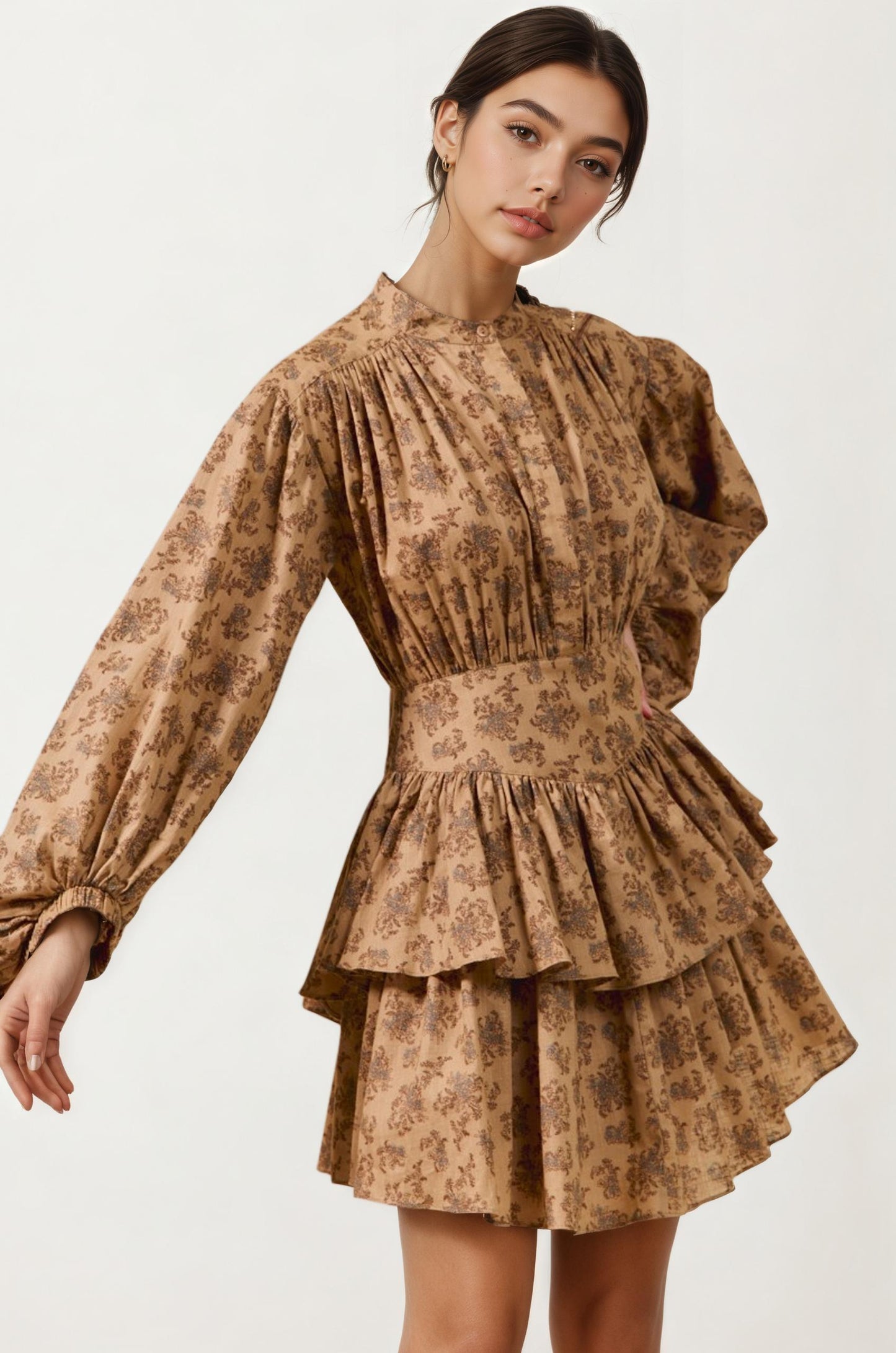 Tiered Long Sleeve Mini Dress with Smocked Waist in Neutral Print