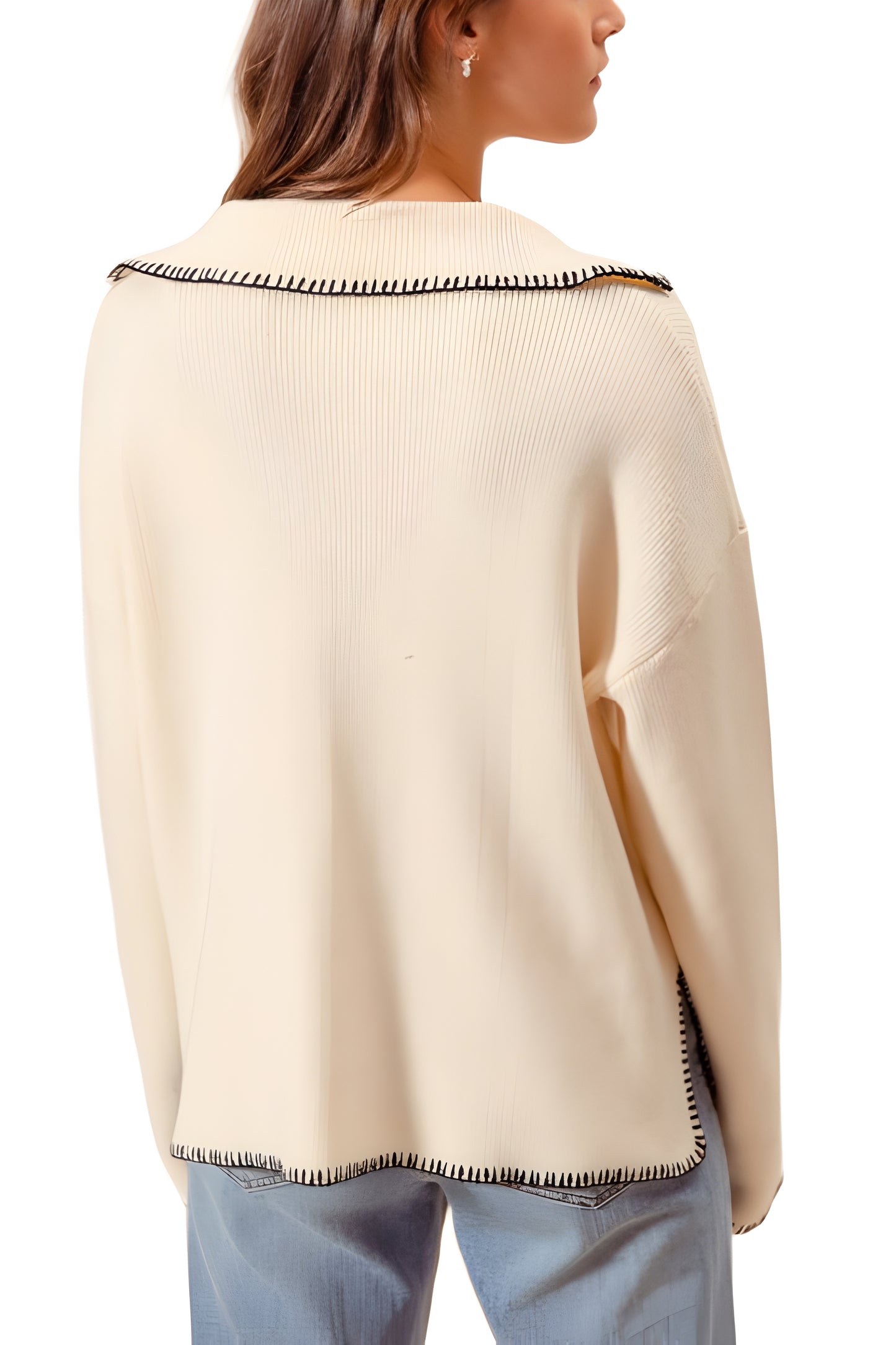 Ribbed Long Sleeve V-Neck Pullover With Contrast Trim