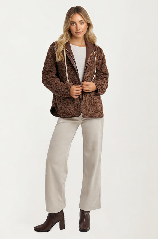 Cozy Hooded Sherpa Jacket with Snap Front and Relaxed Fit