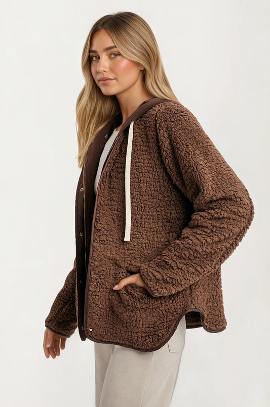 Cozy Hooded Sherpa Jacket with Snap Front and Relaxed Fit
